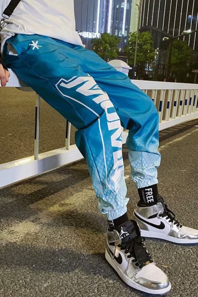 Unisex New Fashion Ombre Color Letter Printed Loose Fit Elastic Cuffs Blue Hip Pop Track Pants
