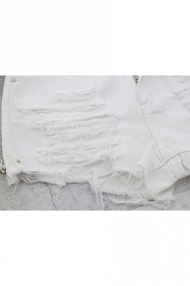 White High Waist Ripped Washed Fringe Hem Star Embroidered Zip Side Beach Denim Shorts