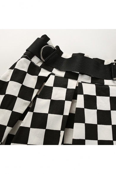 Women Black and White Checkered Plaid Pattern Mini Pleated Skirt