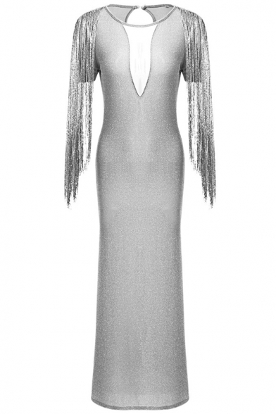 Women's New Fashion V-Neck Short Sleeve Tassel Sequined Slit Hybrid Maxi Bodycon Dress
