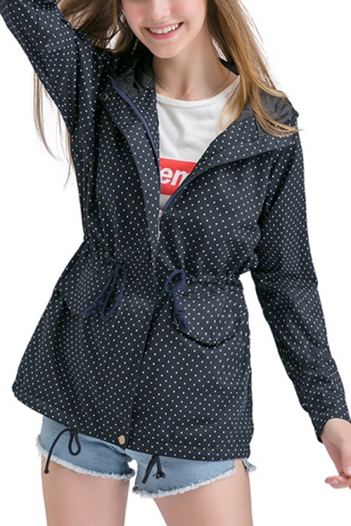 Women Trendy Drawstring Waist Polka Dot Hidden-Zip Placket Hooded Trench Coat