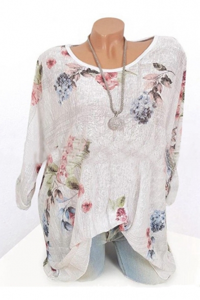 Womens Chic Floral Plants Print Round Neck Long Sleeve Loose T-Shirt