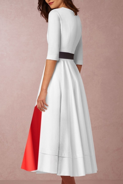 Womens Chic White Color Block V-Neck Half Sleeve Maxi Fit and Flared Dress