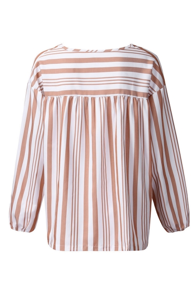 Womens Classic Pink Striped Print Long Sleeve V-Neck Loose Casual Shirt Blouse