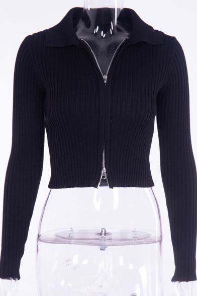 Womens Cool Plain Collared Fitted Long Sleeve Front Zipper Cardigan