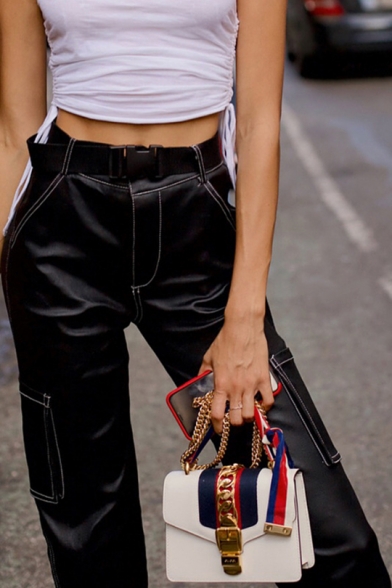 Womens Cool Street Style High Waist Flap Pocket Side Black Straight Fit PU Pants