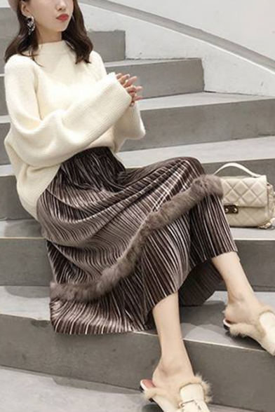 Womens Elegant High-Waisted Velvet Plush Edges Plain Pleated Midi Skirt