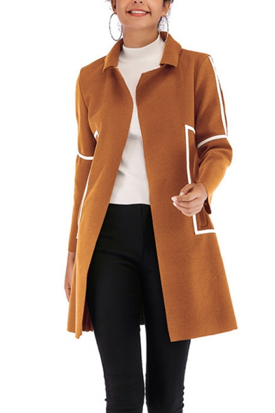 Womens Fashion Contrast Stripe Printed Lapel Collar Long Sleeve Open Front Woolen Overcoat