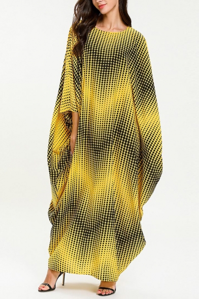 Womens Fashion Round Neck Batwing Sleeve Wavy Print Yellow Shift Asymmetrical Maxi Dress