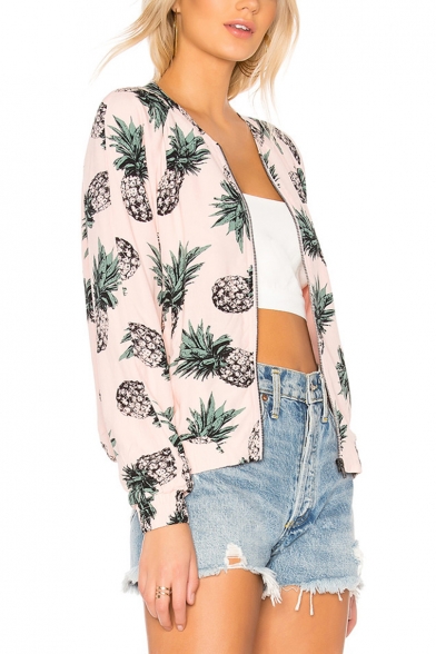Womens Hot Fashion Pineapple Printed Long Sleeve Zip Up Fitted Jacket