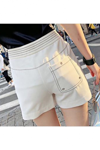 Womens Hot Popular Midi Waist Striped Side Pocket Eyelet Embellished PU Patch Shorts