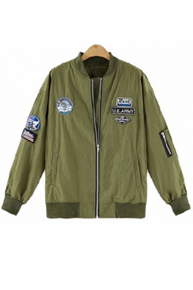 Number Letter Badge Patch Military Green Bomber Jacket Baseball Outerwear Coat