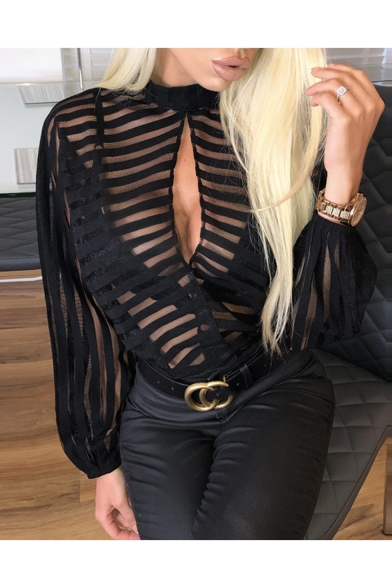 Womens Hot Trendy Sexy Striped Print Sheer Patched Cutout V-Neck Long Sleeve Black Blouse