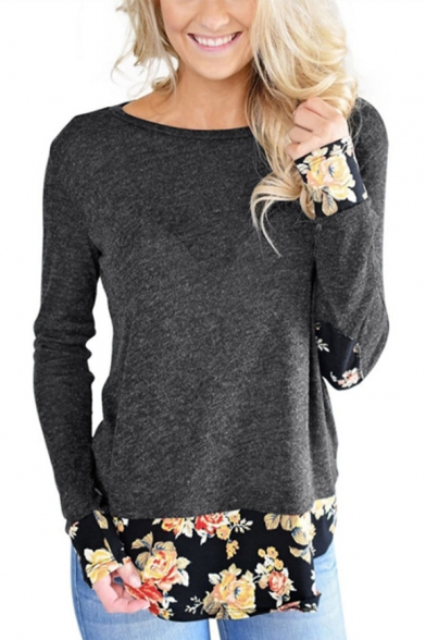 Womens New Fashion Round Neck Long Floral Patch Print T-Shirt