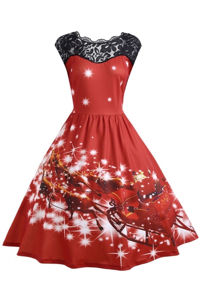 Womens New Fashion Round Neck Sleeveless Christmas Theme Hollow Lace Pleated Flare Dress