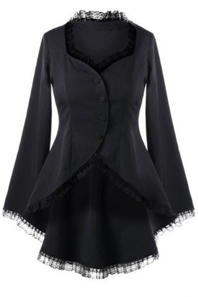 Womens New Stylish Chic Lace-Trimmed Bell Long Sleeve Button Down Slim Fit Black Swallowtail Coat