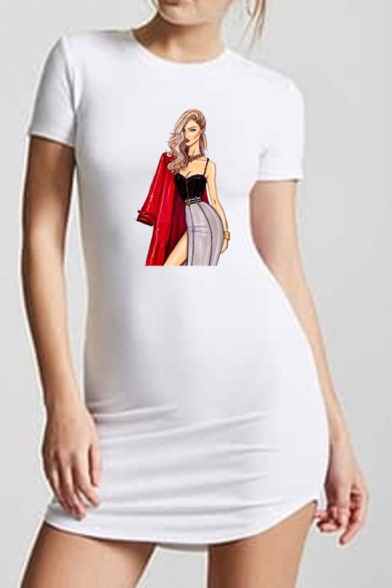 Womens New Trend Round Neck Short Sleeve Graphic Print White Asymmetrical Sheath T-Shirt Mini Dress