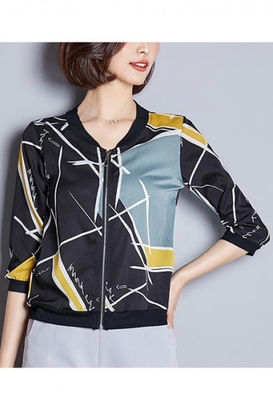 

Womens New Trendy Geometric Printed Lightweight Zip Up Jacket, Red;yellow, LM553304