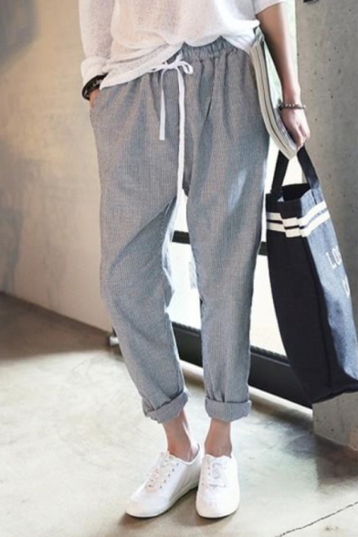 Womens New Trendy Striped Mid Drawstring Waist Loose Harem Pants with Pockets