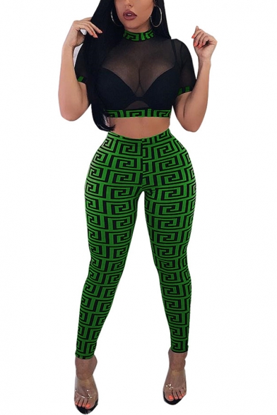 Womens Night Club Sexy Logo Print Sheer Mesh Crop Top with Skinny Pants Two-Piece Set