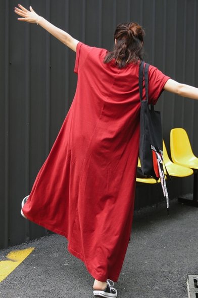 Womens Round Neck Short Sleeve Pockets Red Swing T-Shirt Floor Length Maxi Dress