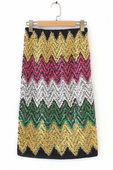Womens Sexy Geometric Colorful Paillette Embellished Pencil Skirt