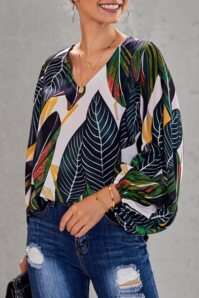 Womens Summer Holiday Tropical Leaf Printed V-Neck Blouson Long Sleeve Loose Casual Blouse