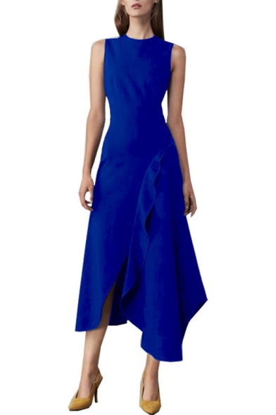 Womens Summer Round Neck Sleeveless Ruffles Plain Asymmetrical A-Line Maxi Dress