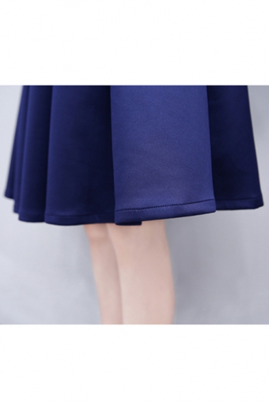 Womens Summer Short Sleeve Panelled 3-Stripe Pleated Dark Blue A-Line Mini Dress