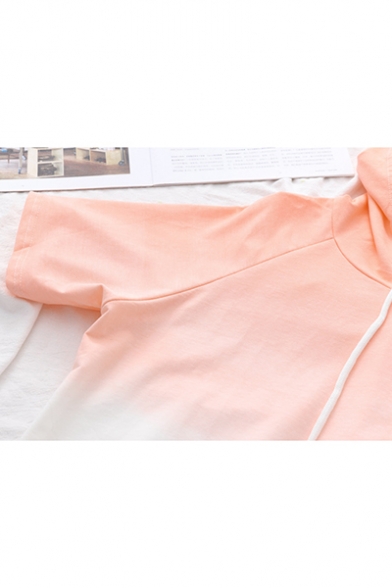 Womens Sweet Cute Short Sleeve Colorblock Patch Straight Gradient Hooded T-Shirt