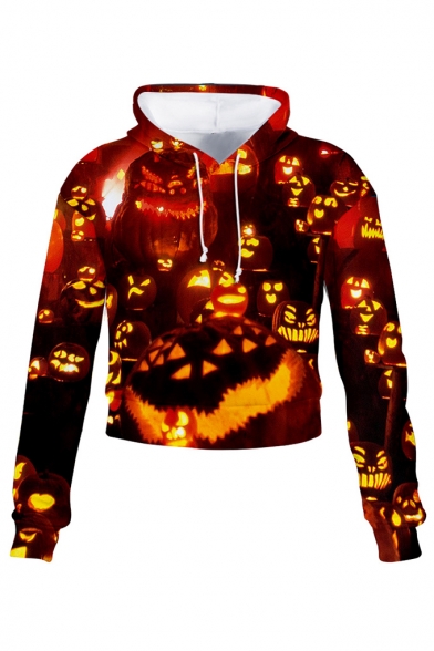 3D Fashion Halloween Pumpkin Pattern Long Sleeve Casual Leisure Crop Hoodie