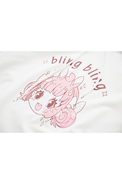 Bling Bling Letter Cartoon Girl Printed Color Block Lace Up Bow Tie Front Long Sleeve Leisure Hoodie