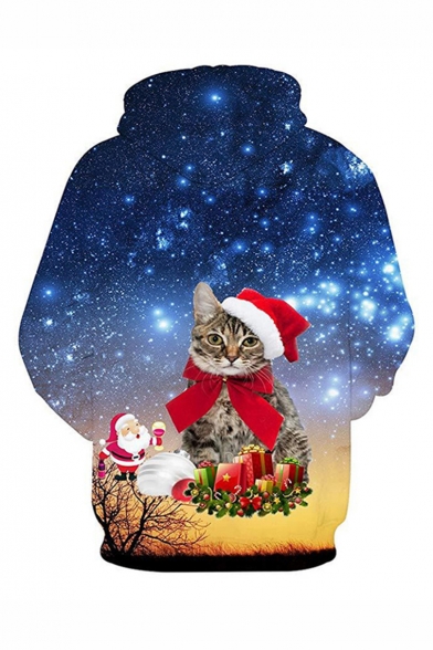 Christmas New Fashion Galaxy Cat 3D Printed Long Sleeve Blue Drawstring Hoodie