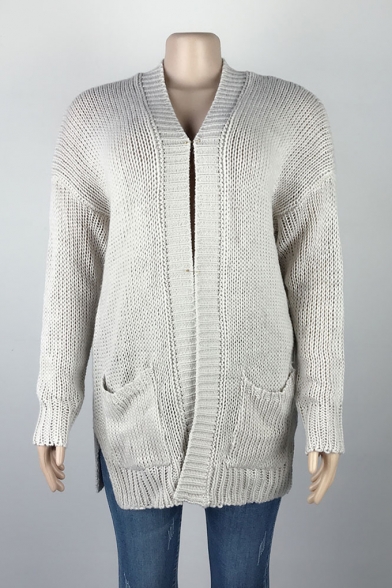 Classic Casual Plain Ribbed Knit Open Front Longline Cardigan with Pockets