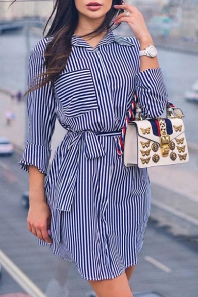Classic Fashion Blue Stripe Printed Long Sleeve Tied Waist Mini Shirt Dress