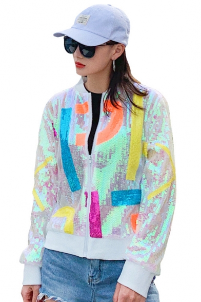 Colorful Geometric Pattern Print Sequined Embellished Zipper Baseball Jacket Coat