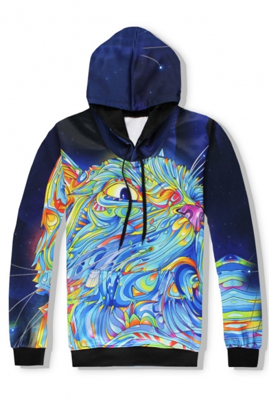 Creative Fashion Colored Cat Galaxy 3D Printed Navy Long Sleeve Drawstring Pullover Hoodie