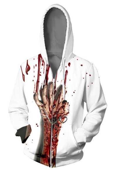 Creative New Fashion Blood Hand 3D Printed Drawstring Hooded Long Sleeve Unisex White Casual Zip Up Hoodie