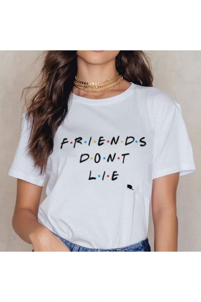 

Crewneck Round Neck Letter FRIENDS DONT LIE Polka Dot Printed White Tee, LC499760