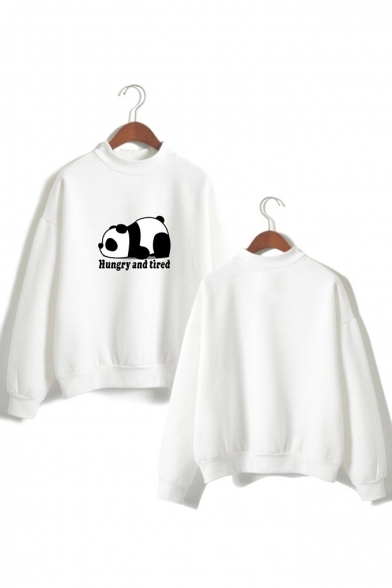 Cute Cartoon Panda Hungry And Tired Letter Printed Mock Neck Long Sleeve Pullover Sweatshirt