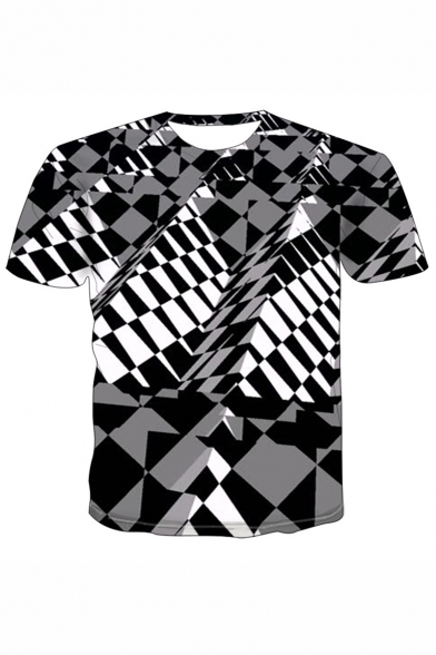 Fashion 3D Black And White Geometric Pattern Short Sleeve Basic T-Shirt