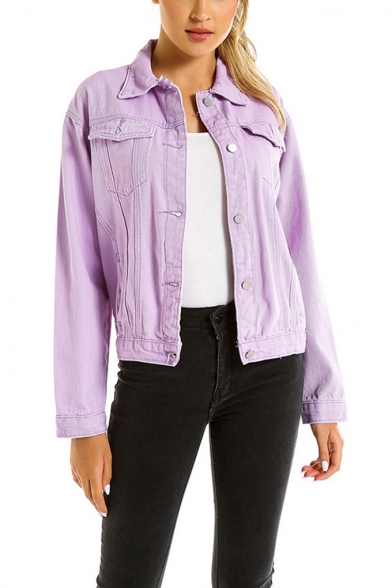 Fashion Style Purple Lapel Collar Denim Short Jacket Coat with Pockets