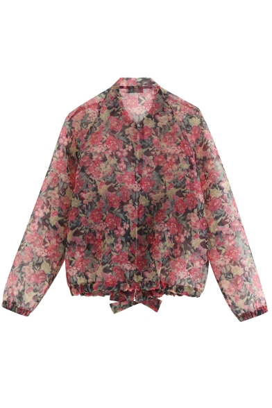 Floral Print Standing Collar Bow Elastic Hem Transparent Zip Jacket