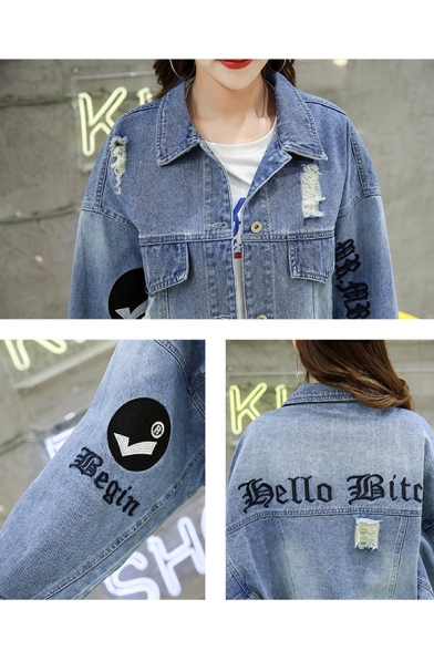 Funny Letter HELLO BITCH Embroidery Ripped Blue Button Down Denim Jacket Coat