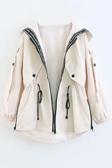 Hooded Drawstring Waist 3/4 Length Sleeve Flap Pockets with Press-Stud Fastening Zipper Trench Coat