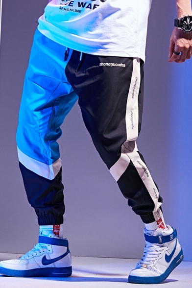 Hot Fashion Colorblock Letter Printed Drawstring Waist Loose Fit Hip Pop Trendy Track Pants for Guys