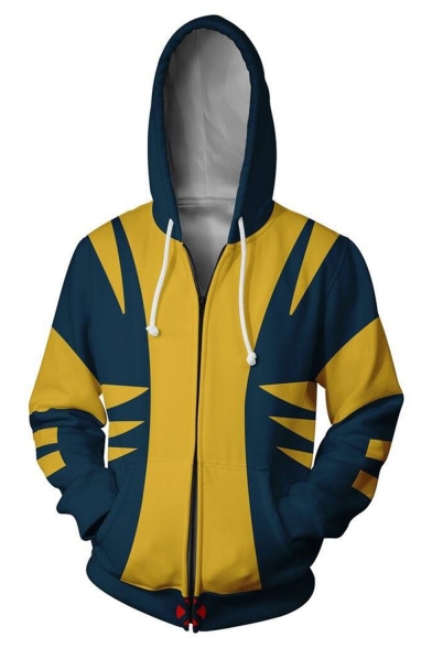 Hot Fashion Colorblock Pattern Comic Cosplay Costume Blue and Yellow Long Sleeve Zip Up Hoodie