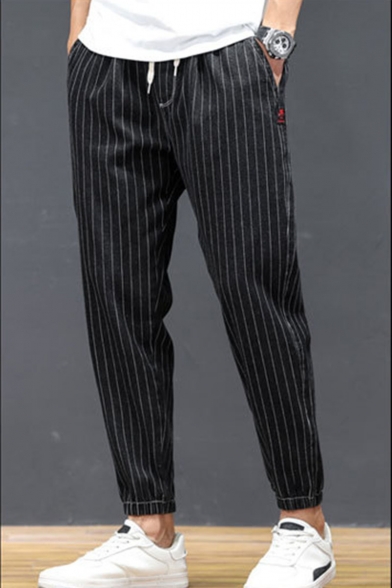Hot Fashion Stripe Pattern Drawstring Waist Elastic Cuffs Men's Casual Tapered Pants