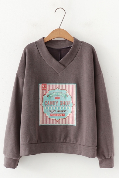 Hot Fashion V Neck Long Sleeve CANDY SHOP Letter Printed Pullover Sweatshirt