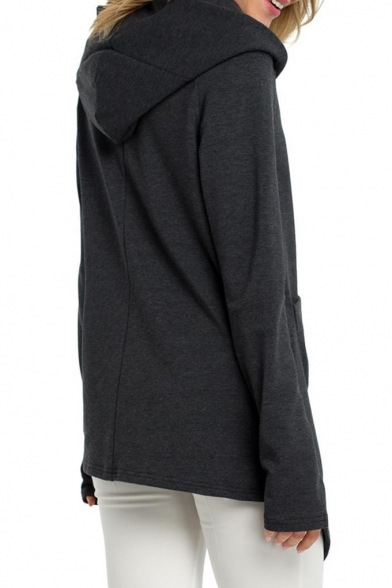 Hot Popular Big Pocket Oblique Zipper Hooded Asymmetric Hem Plain Long Coat